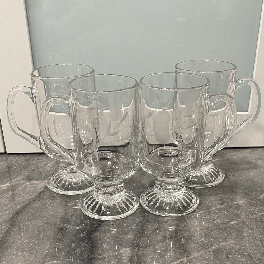 Elegant Clear Etched Crystal Glass Pedestal Hot Mugs - Set of 4 - Princess House